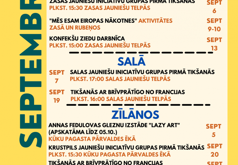 Septembra aktivitāšu kalendārs Jēkabpils novada jauniešiem
