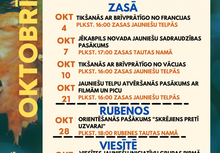 Oktobra aktivitāšu kalendārs Jēkabpils novada jauniešiem