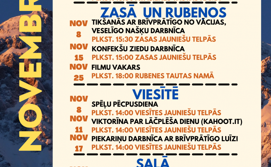 Novembra aktivitāšu kalendārs Jēkabpils novada jauniešiem