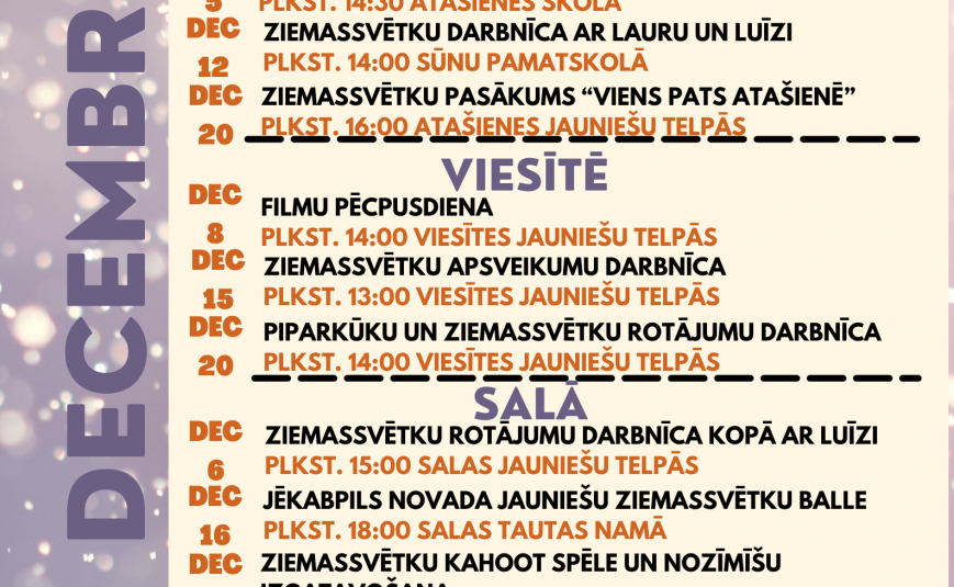 Decembra aktivitāšu kalendārs Jēkabpils novada jauniešiem