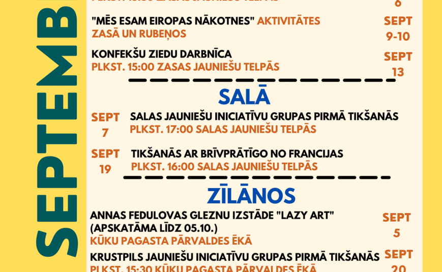 Septembra aktivitāšu kalendārs Jēkabpils novada jauniešiem