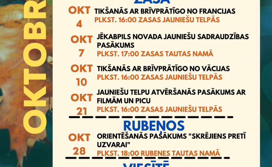 Oktobra aktivitāšu kalendārs Jēkabpils novada jauniešiem